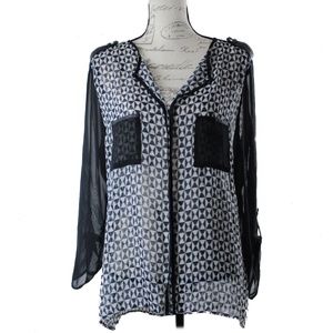Preppy Boho Sheer BlackWhite Blouse Top Tunic L XL